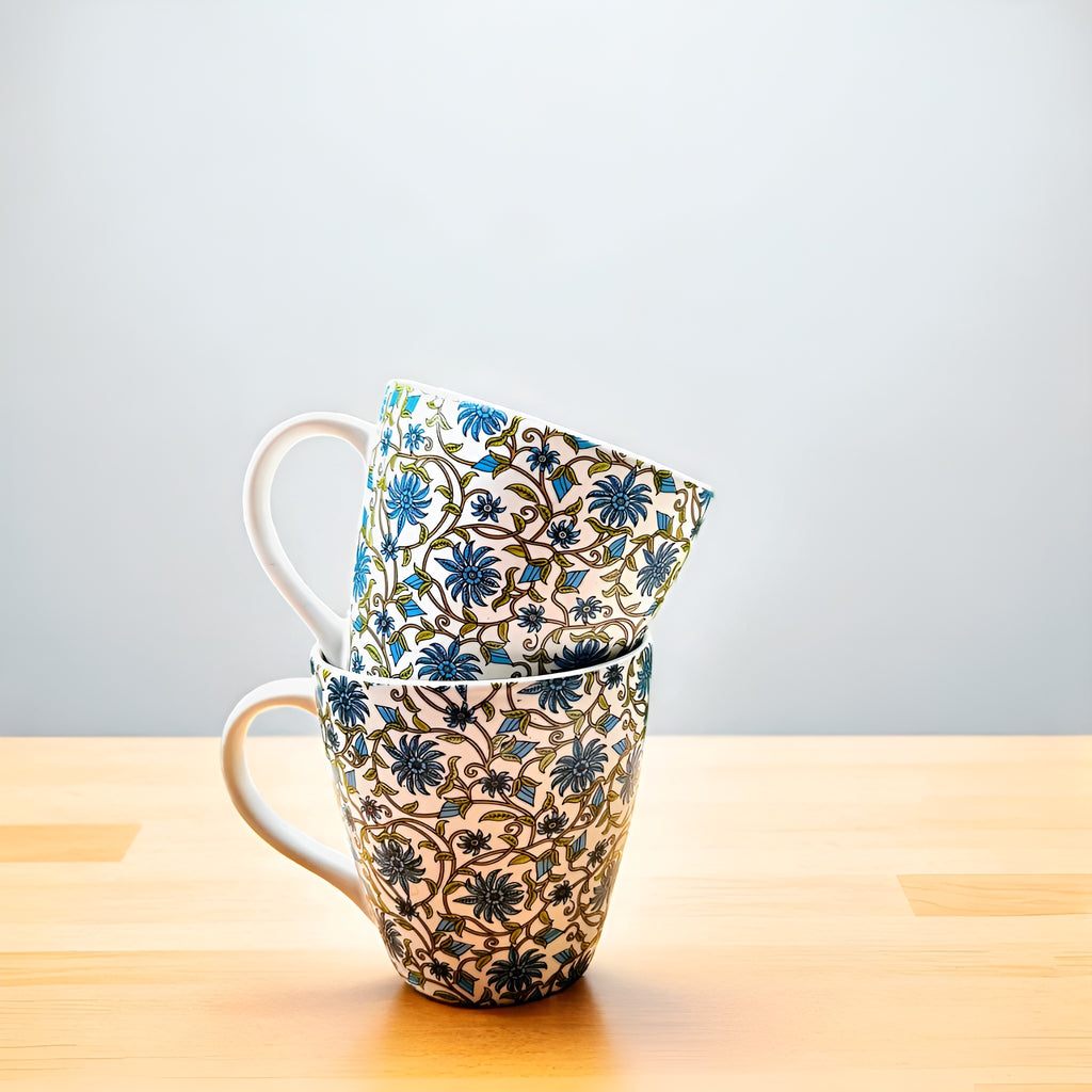 Blue Blossom Floral Handcrafted Ceramic Mug Set